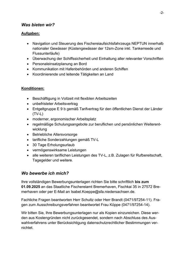 Ausschreibung Kapitän/in (m/w/d)