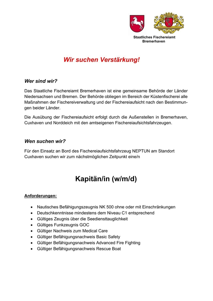 Ausschreibung Kapitän/in (m/w/d)